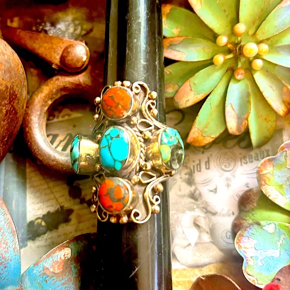 Sundance Vintage Turquoise Coral Scroll Statement Southwest Sterling Silver Ring - Picture 9 of 10